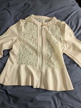 Lace Panel Cream Leather Peplum Jacket *FLAW*